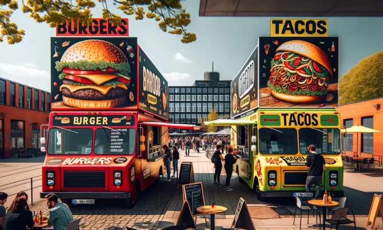DALL·E 2024-06-04 16.08.25 – Two food trucks parked side by side, one serving burgers and the other serving tacos. The burger truck is red with a large burger graphic on the side, DALL·E 2024-06-04 16.08.25 - Two food trucks parked side by side, one serving burgers and the other serving tacos. The burger truck is red with a large burger graphic on the side,
