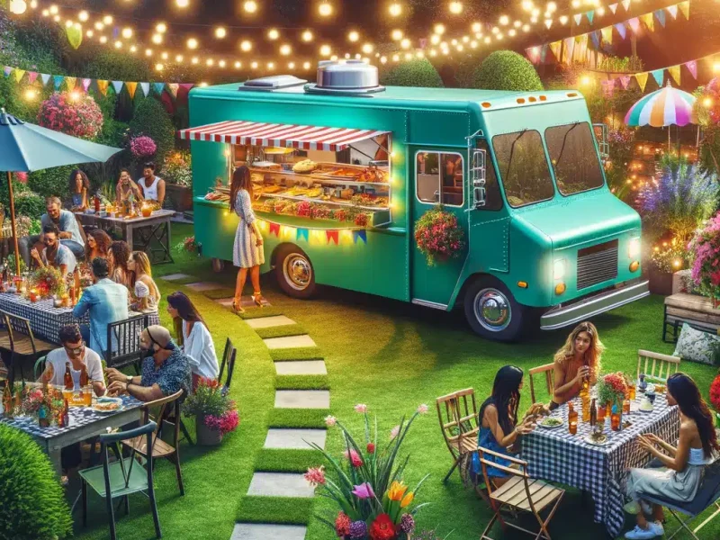 DALL·E 2024-06-05 02.14.06 - A photo of a food truck set up at a garden party. The food truck is brightly colored and decorated with festive lights. It is parked on a grassy area