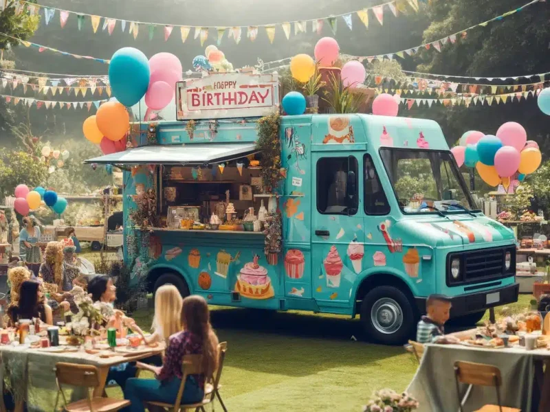 DALL·E 2024-06-05 02.17.24 - A photo of a food truck set up at a birthday party. The food truck is colorful and festively decorated with balloons and birthday banners. It is parke