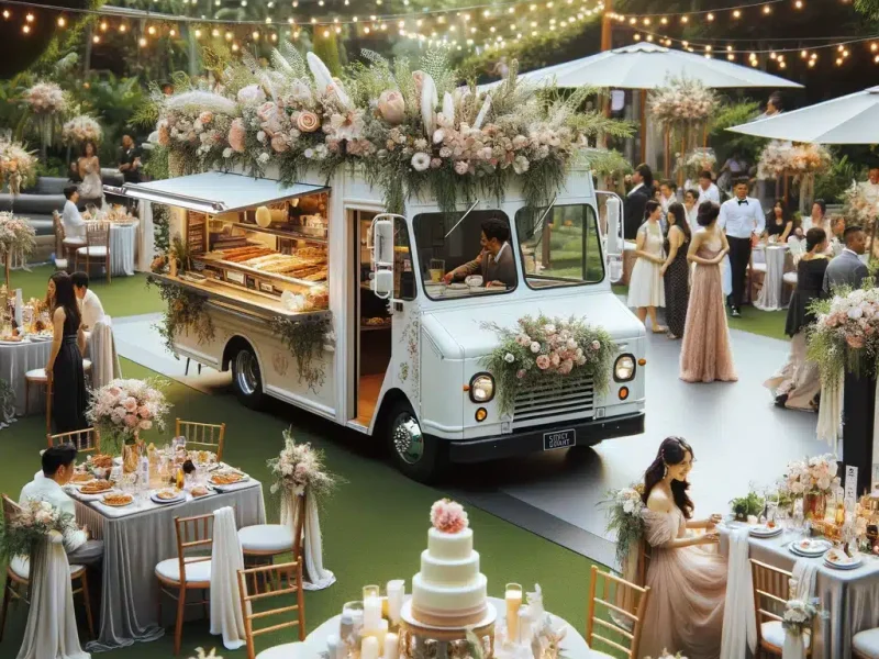DALL·E 2024-06-05 02.20.26 - A photo of a food truck set up at a wedding reception. The food truck is elegantly decorated with flowers and white drapes, fitting the wedding theme