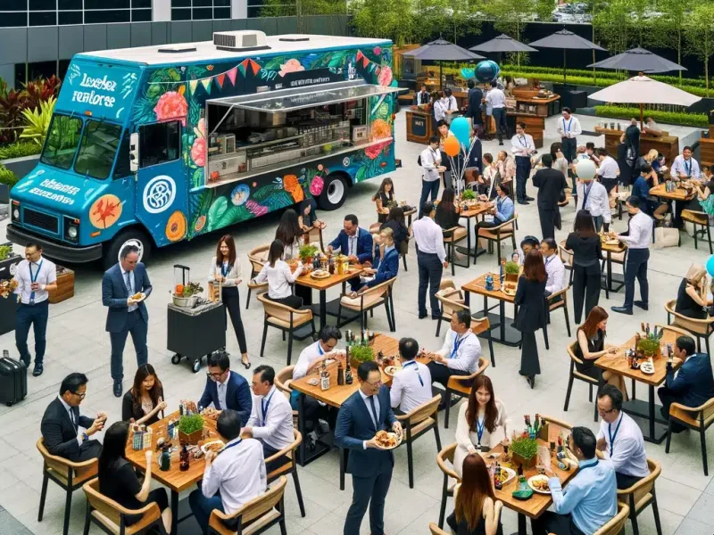 DALL·E 2024-06-05 02.23.55 - A photo of a food truck set up at a corporate event or company party. The food truck is decorated with company logos and colors, creating a branded lo