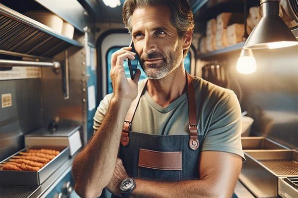 mann-telefoniert-im-imbisswagen mann-telefoniert-im-imbisswagen